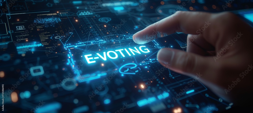 Secure e voting concept with shining holographic text and internet security on dark blue background Secure e voting concept with shining holographic text and internet security on dark blue background