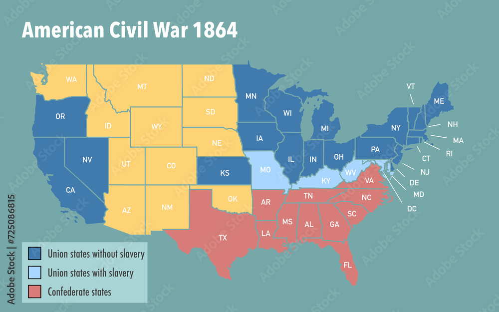 Map with the Union and Confederate states and the status of slavery during American Civil war - obrazy, fototapety, plakaty 