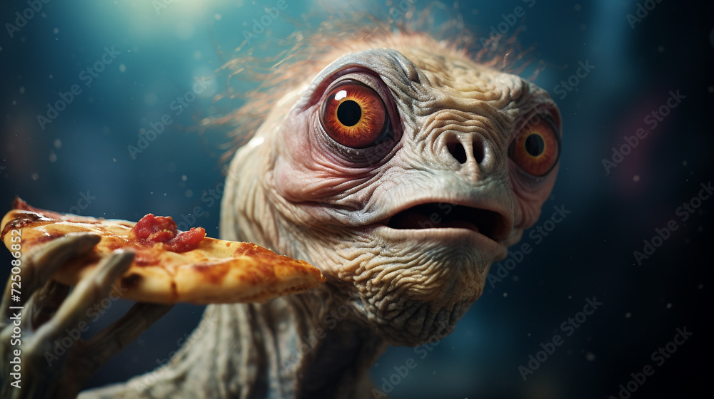 Closeup of extraterrestrial alien creature eating pizza in front of blurred space background, copy space for text