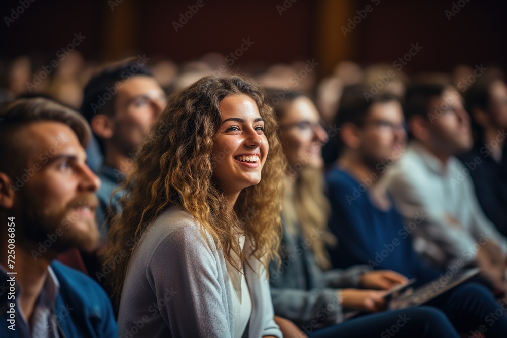 Smiling student young woman with curly hair in a group of diverse people sitting in a lecture hall Smiling student young woman with curly hair in a group of diverse people sitting in a lecture hall