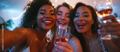 Young, carefree women happily take selfies at a corporate party, holding wine glasses as they pose for a fun memory.