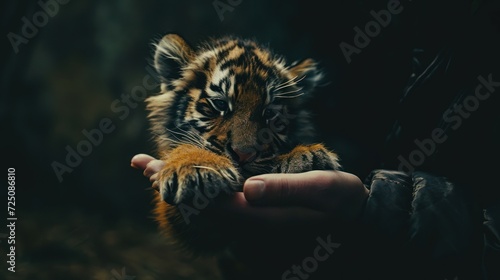  a close up of a person holding a small tiger cub in their hands and it s paw in the air.