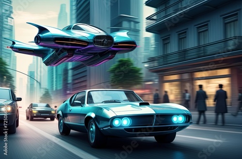 Futuristic car in oldtimer style against the backdrop of bright city streets. Illustration by Generation AI. photo