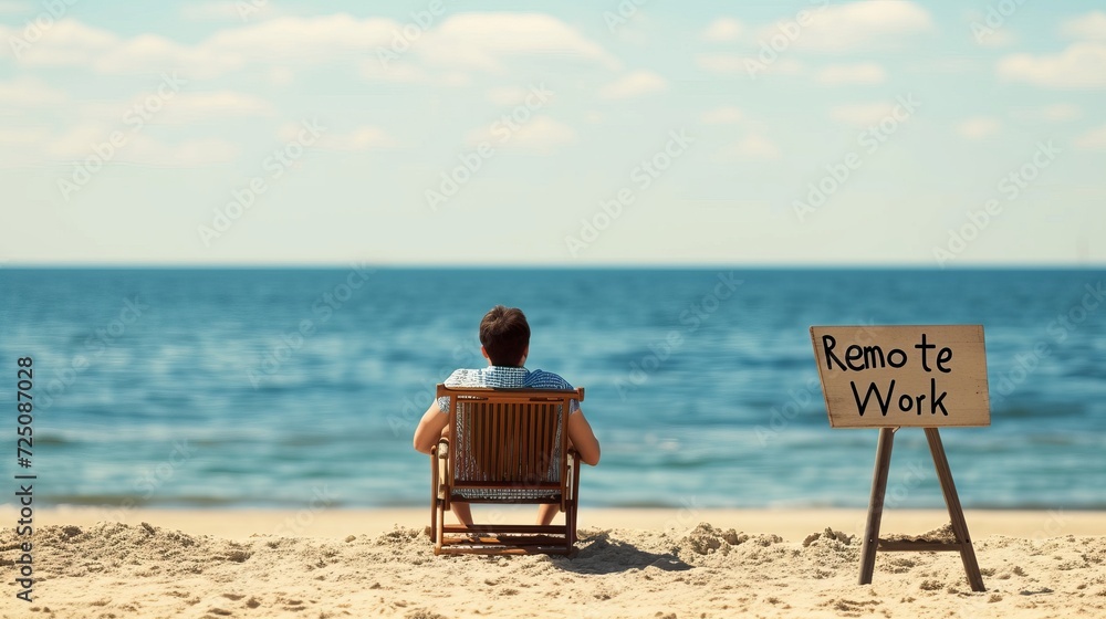 Man working on laptop at beach with remote work sign, embracing the freedom of remote work concept
