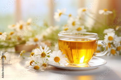 A glass cup of herbal heathy chamomile tea on light wooden table with chamomile flowers in morning light