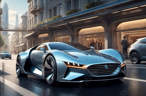 Futuristic car against the backdrop of bright city streets. Illustration by Generation AI.