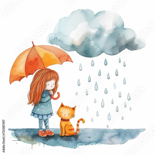Little girl with her cat holding an umbrella in the rain watercolor paint 