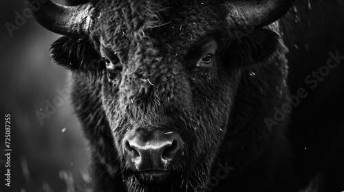  a black and white photo of a bison's head with large horns and large, round, curled horns.