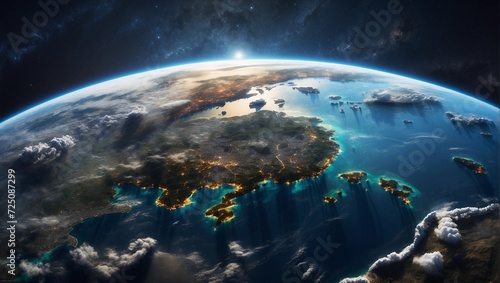 Picture a breathtaking view of Earth from space, with its stunning blue oceans, swirling clouds, and vibrant city lights.