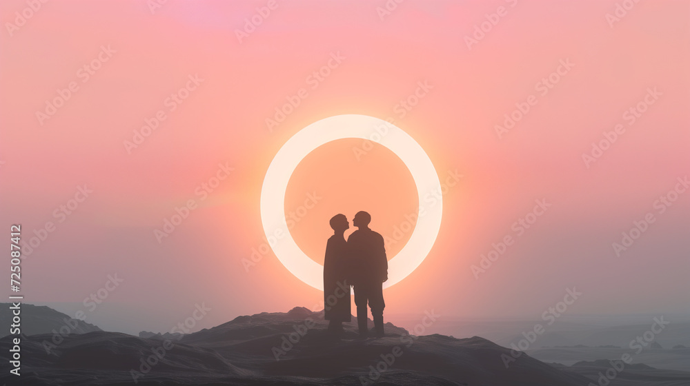 Silhouette of a loving couple standing on top of a mountain and looking at the sunset