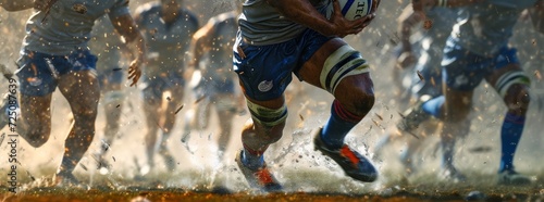 An agile athlete sprints across the field, clad in sturdy footwear and gripping a rugby ball tightly, as he embraces the thrill of outdoor sports photo