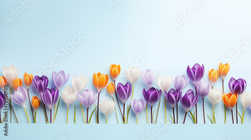 Kwiatowe błękitne minimalistyczne tło z krokusami na życzenia z okazji Dnia Kobiet, Dnia Matki, Dnia Babci, Urodzin czy pierwszego dnia wiosny. Szablon na baner lub mockup. 