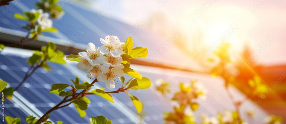 Solar panels on roofs and blossoming fruit tree flowers during spring. Solar panels on roofs and blossoming fruit tree flowers during spring.