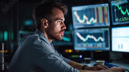 financial trading manager examining financial data, investment plan, and charted stock market indicators