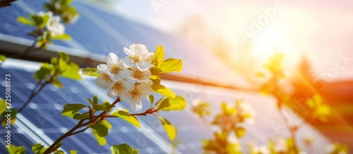 Solar panels on roofs and blossoming fruit tree flowers during spring.