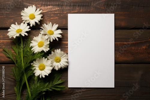 mockup white blank paper sheet with white daisies flowers top view on brown wooden background, floral template empty card flat lay for design with copy space © Маргарита Вайс