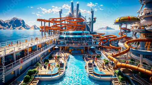 Cruise ship with water slide and water slides on the side of it. photo