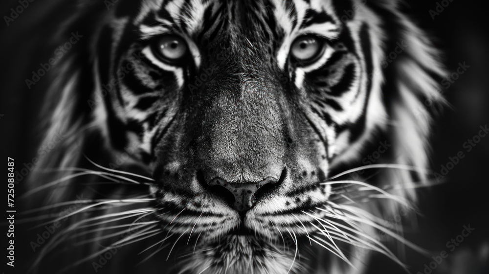  a black and white photo of a tiger's face with a blurry look on it's face.