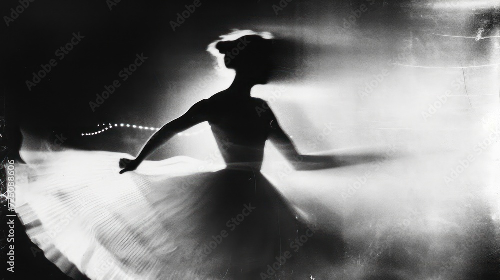  a black and white photo of a woman in a ball gown with her hair in a bun in the air.