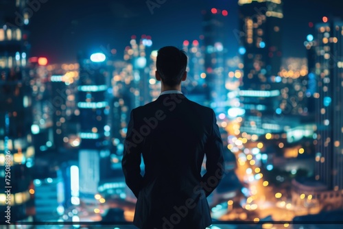 A solitary figure stands amidst the towering skyscrapers  bathed in the city lights  his dark clothing blending with the night as he gazes upon the bustling streets below