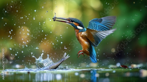  a painting of a bird with a fish in it's mouth and water splashing out of it's mouth.