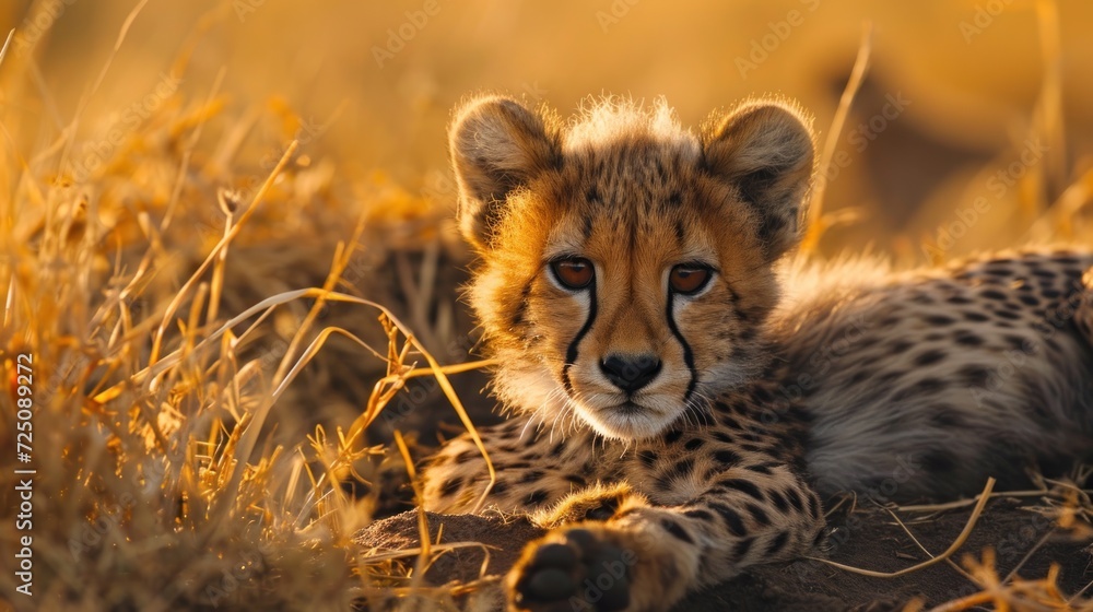 a cheetah cub is laying in the grass and looking at the camera with a curious look on its face. a cheetah cub is laying in the grass and looking at the camera with a curious look on its face.