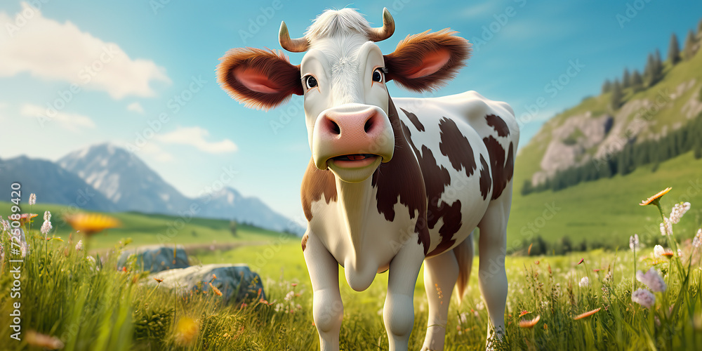 Cute cartoon cow illustration in the green field of nature Stock ...