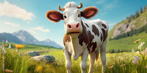 Cute cartoon cow illustration in the green field of nature 