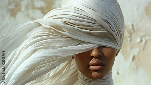 a close up of a mannequin's head wearing a white turban with hair blowing in the wind. photo