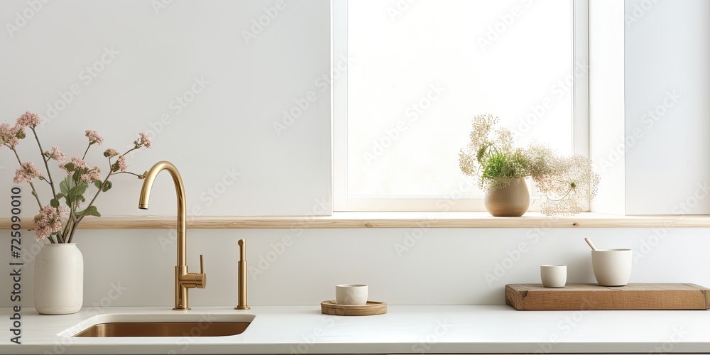 Minimalist-style kitchen with a ceramic sink, brass faucet, cutting boards, kettle, and homemade flower on the surface - featuring a beautiful bright interior.