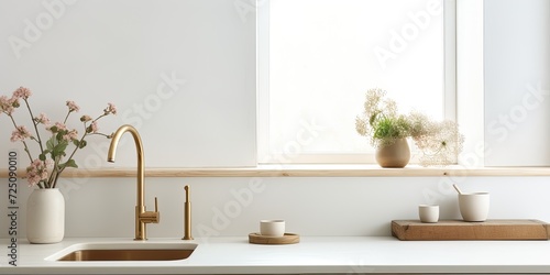 Minimalist-style kitchen with a ceramic sink, brass faucet, cutting boards, kettle, and homemade flower on the surface - featuring a beautiful bright interior.