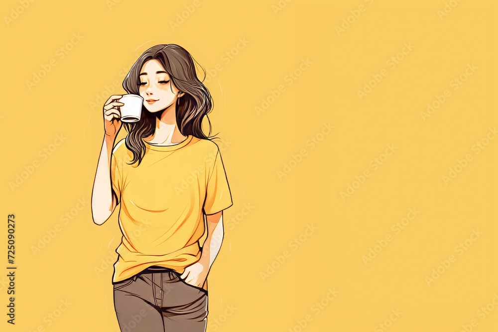 Fototapeta premium Sunny Sip: Relaxed Young Woman in Yellow-Orange, Enjoying Coffee on a Yellow-orange Canvas with copyspace