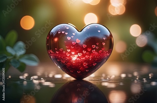 Volumetric hearts as a symbol of love on a bright background with bokeh. Valentine's Day. Illustration by Generative AI.