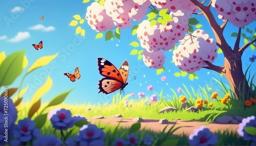 Orange butterflies flaying around green meadow and flowers, Spring landscape background wit blooming tree and blue sky