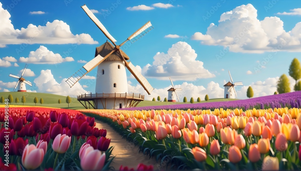 White windmill and colorful tulips field in beautiful springtime scene, blue cloudy sky background 