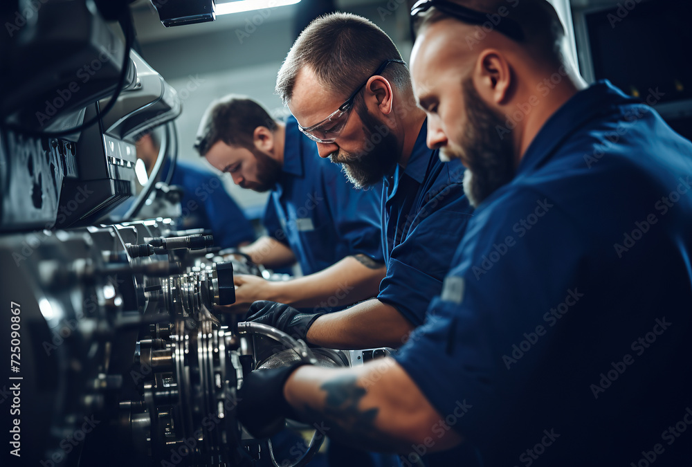 Blue-collar workers in a factory. Teamwork concept. Blue-collar workers in a factory. Teamwork concept.
