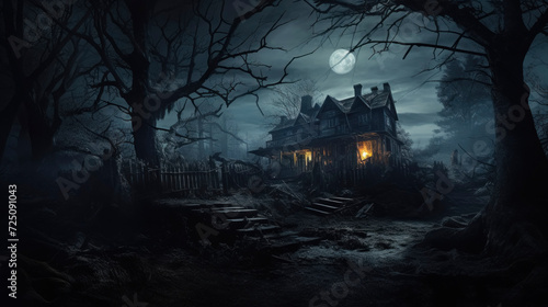 Haunted House with Full Moon in Spooky Forest