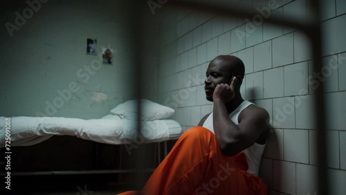 View through bars of African American inmate sitting on floor in prison cell, making phone call and talking