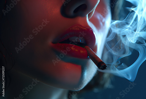 Close up picture of beautiful woman smoking in a dark room with back lighting.
