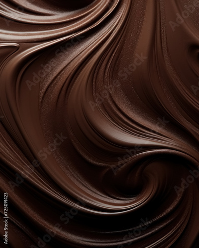 Flat lay elegance background of melted dark chocolate with delicate smooth intricate swirls for wallpaper and design