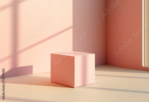 Abstract realistic 3D white geometric stand podium set with lighting and shadow. Minimal wall scene for product display presentation. Studio room.
