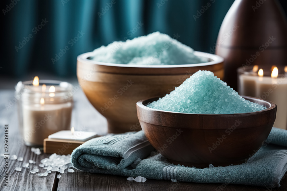 Close up wooden bowls with blue aromatic salt for massage and skin care, relaxing bath. Concept of spa treatment with sea salt