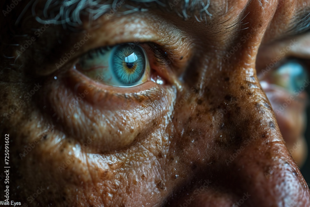 Macro photo of wise elderly man eye. AI generated image. Macro photo of wise elderly man eye. AI generated image.