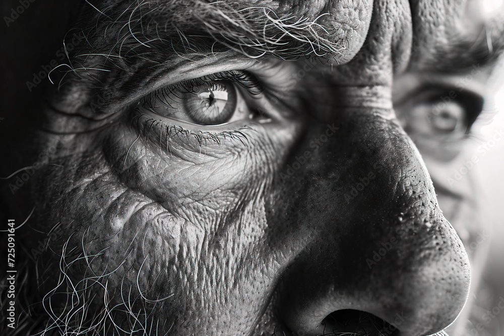 Macro photo of wise elderly man eye. AI generated image. - obrazy, fototapety, plakaty 