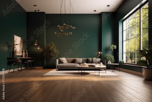 View from the side of a living room with a dark interior and an empty green wall, a large window, a sofa, a coffee table, and an oak hardwood floor. minimalistic style. Room for original thought photo