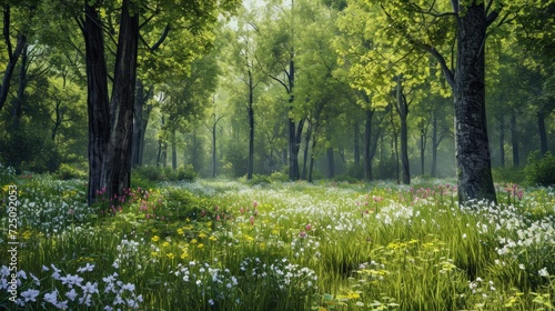  a painting of a forest filled with lots of green trees and white and pink wildflowers in the foreground.