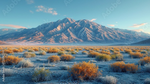  a mountain range in the distance with yellow bushes in the foreground and a blue sky with clouds in the background.