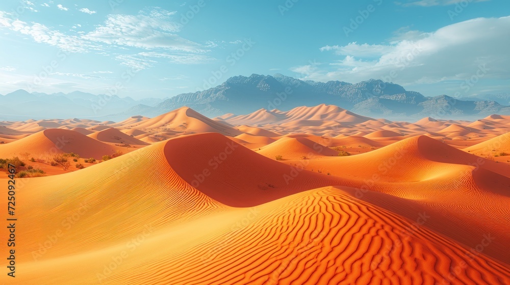  a desert landscape with a mountain range in the distance and sand dunes in the foreground, and a blue sky with wispy clouds in the background.