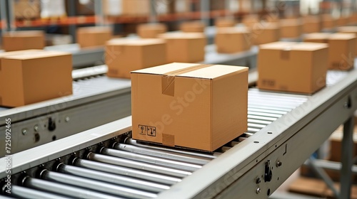 Close up of multiple cardboard box packages on a conveyor belt in a bustling warehouse © Ilja