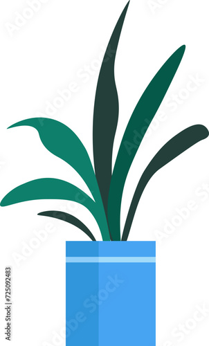 Green potted plant, indoor houseplant in blue pot, simple flat design. Minimalist home decor, office plant vector illustration.